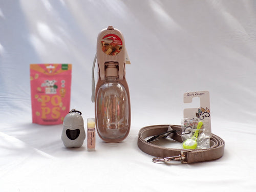 Contenu de la Box Balade : laisse, gourde, baume à coussinets, accessoire lumineux, porte-sac et friandises